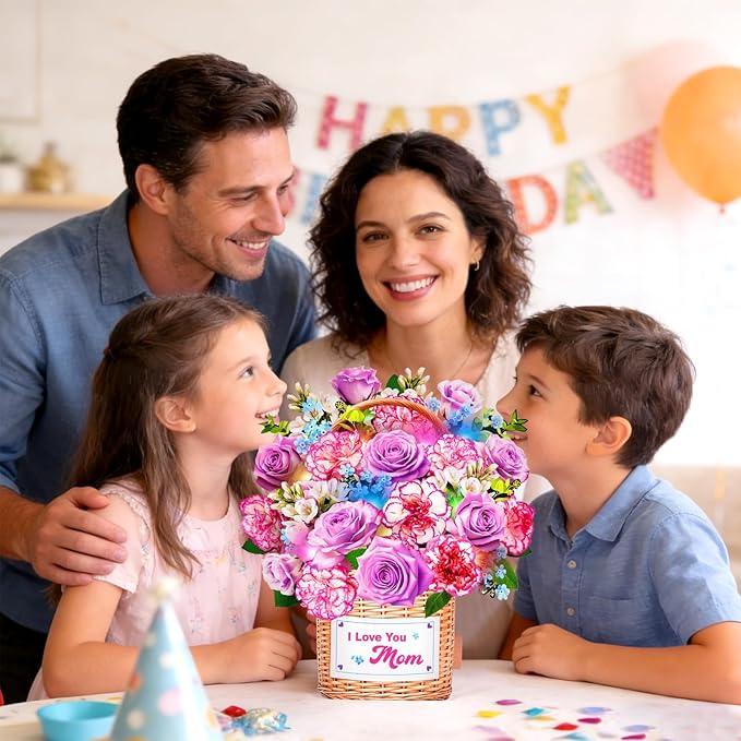 Mothers Day Card With Music & Lights, 3D Pop Up Mothers Day Gifts, Carnation & Rose, 10 Inch Life Sized Forever Flower Bouquet Birthday Card for Mom Wife Women Her