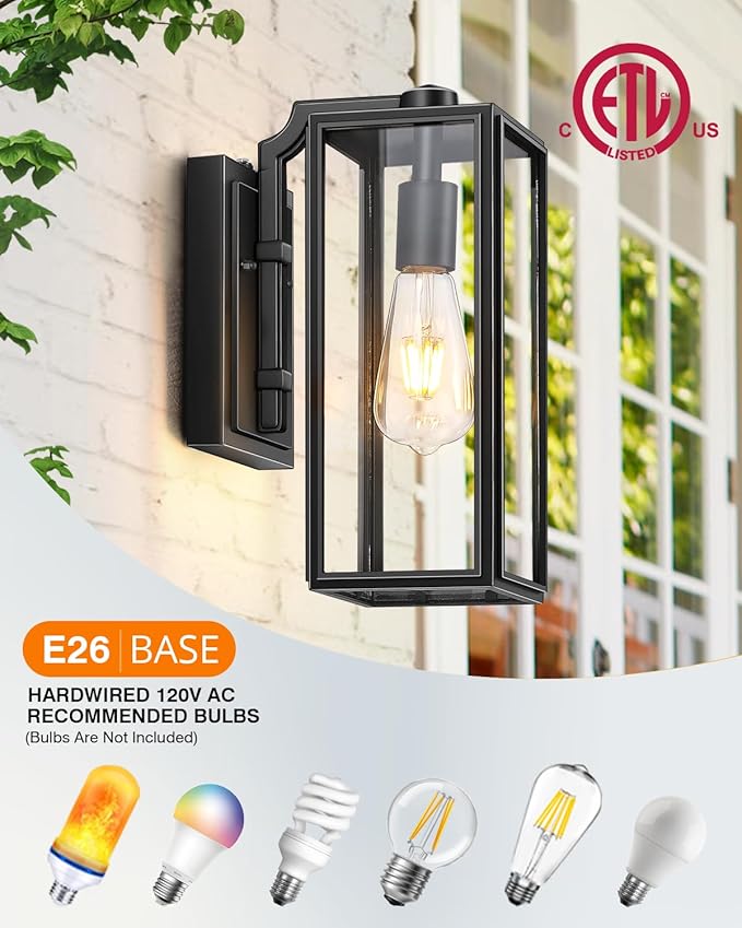 VIANIS Dusk to Dawn Outdoor Wall Lanterns,Black Exterior Light Fixture Wall Mount for House Front Porch,Anti-Rust Aluminium Modern Outdoor Coach Lantern with Tempered Glass Shade for Garage