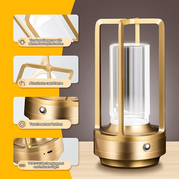 Rechargeable Table Lamp Cordless, 3 Color | Crystal | Stepless Dimming, for Bedroom, Cafe, Camping, Bar, Dining Table, Restaurant, Gold