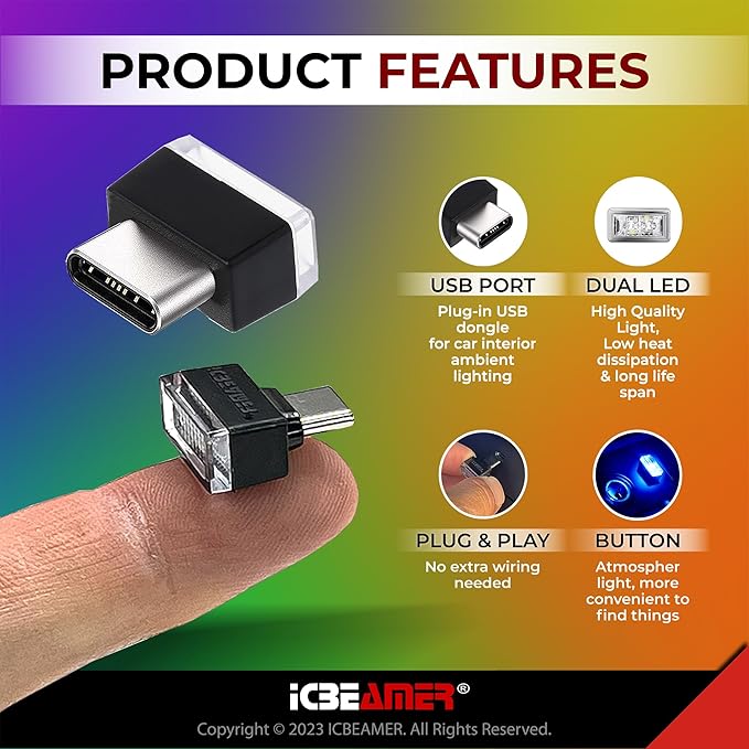 ICBEAMER Type C Adapters Atmosphere Light, [Color: Blue] | Universal Plug-in Miniature Night Light for Car Interior and Trunk Ambient Lighting, Easy Installation, Energy Efficient LED Technology