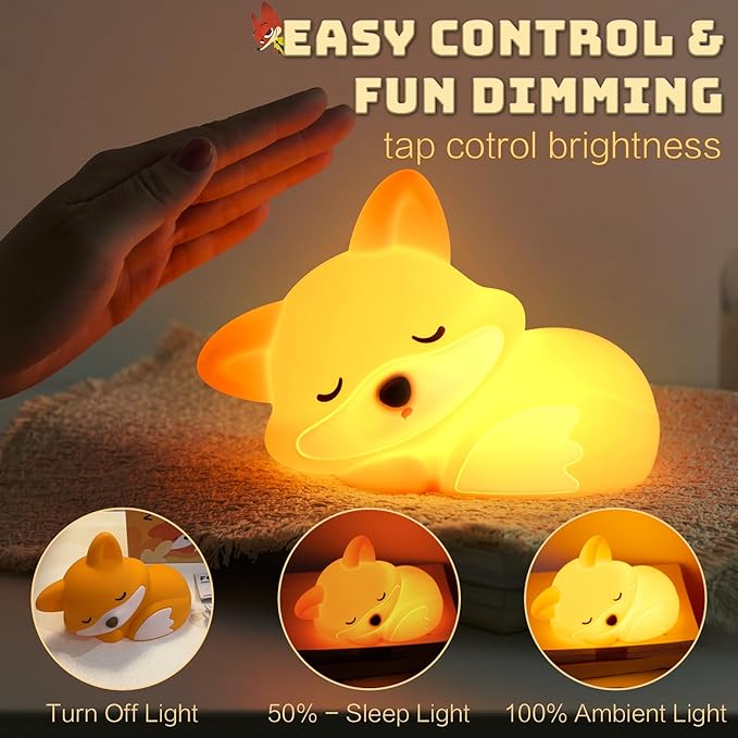 Cute Fox Lamp, Fox Night Light for Kids, Xmas White Elephant Gifts, Squishy Rechargeable Dimmable Toy, LED Woodland Animal Nightlight, Fall Room Décor, Touch Light Up Foxes, Safe Silicone