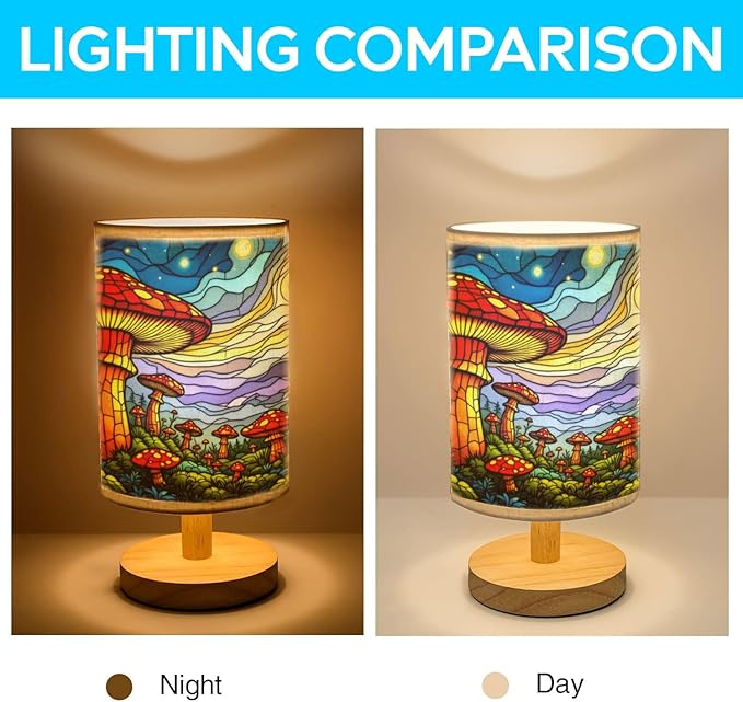 Mushroom Forest Table Lamp LED 3-Color Pressed Bedside, Mushroom Forest Shade Lamp with Wood Base for Bedroom Living Room Desk Office TL01