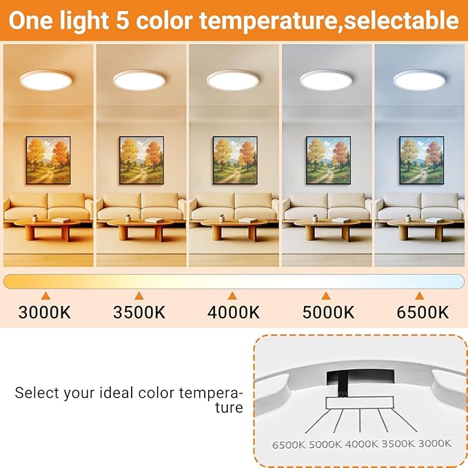 slochi LED Flush Mount Ceiling Light Fixture, 12 Inch 24W, 3200LM, Super Slim 0.7 Inch, 3000K-6500K Adjustable Low Profile LED Ceiling Lights for Bedroom, Kitchen, Hallway(White)