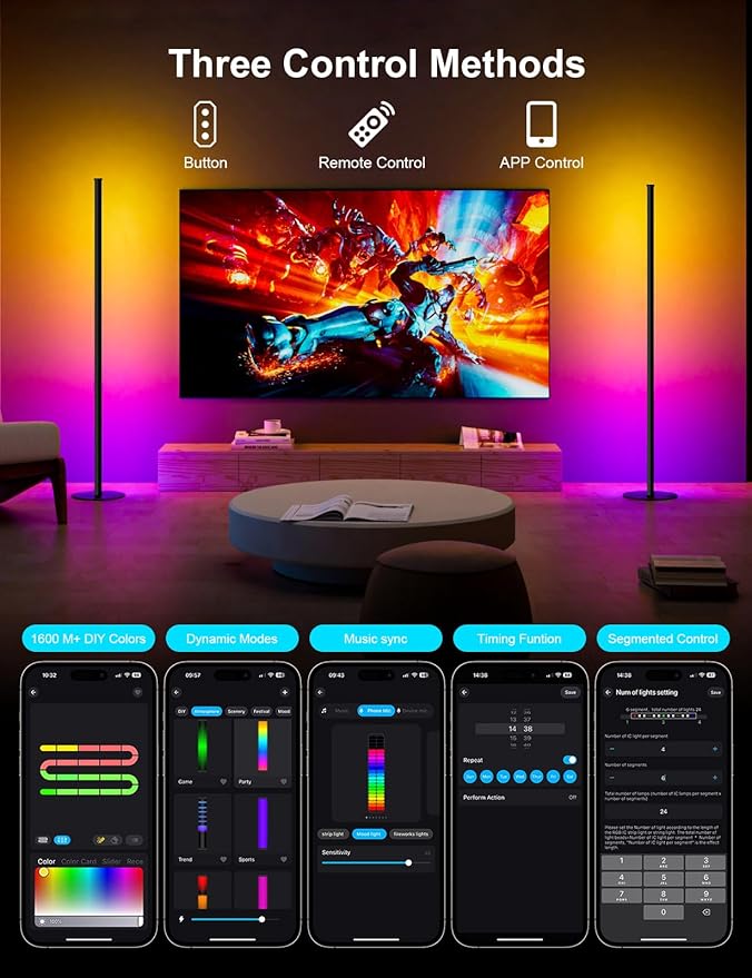 Corner Floor Lamp, 2 Pack RGB IC Corner Lamp 55" with APP Control, 16 Million Colors, Timing Function and Music Sync, Color Changing Ambient Lighting for Living Room Bedroom Gaming Room Upgraded