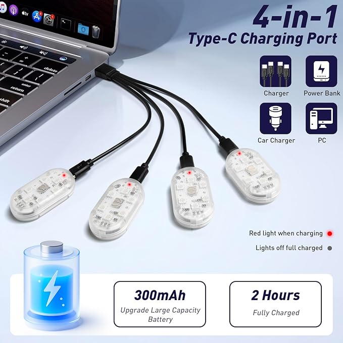 Wireless Car Led Interior Lights 4PCS, 7 Colors Car Ambient Lights Touch Sensor, Magnetic Back & Upgraded Battery, Rechargeable Led Anti-Collision Strobe Lights for Motorcycle, Drones, Bikes,Home