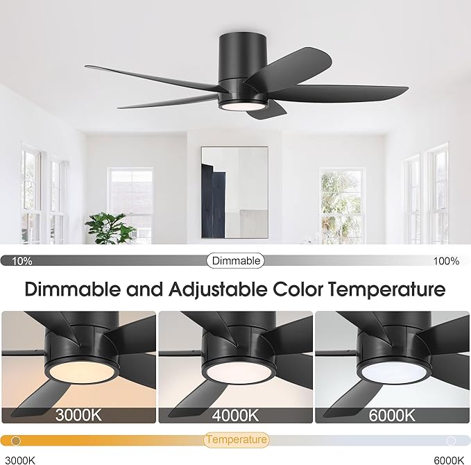 52" Outdoor Ceiling Fan with Light and Remote, ABS Blades, Low Profile Flush Mount Ceiling Fan, Dimmable LED light, Noiseless Reversible DC Motor Black