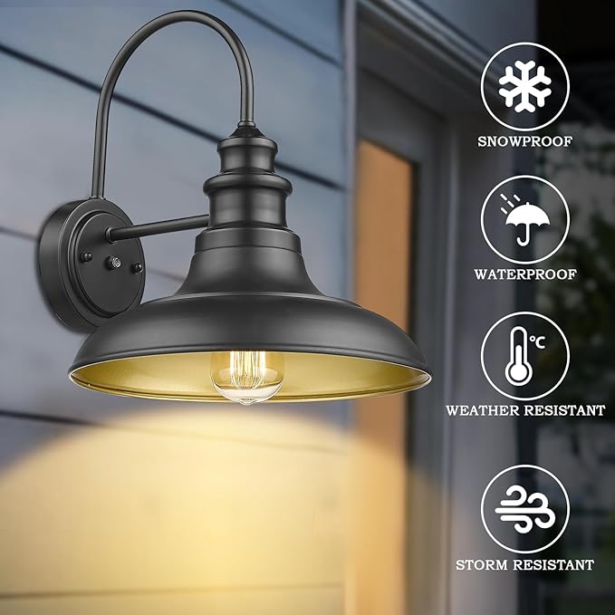 Dusk to Dawn Sensor Outdoor Barn Light Fixture, 12.3 Inch Dome Outdoor Wall Sconce Farmhouse Wall Mount Lights Exterior Gooseneck Light Fixture Black Finish Industrial Wall Lantern for Porch, 1Pack