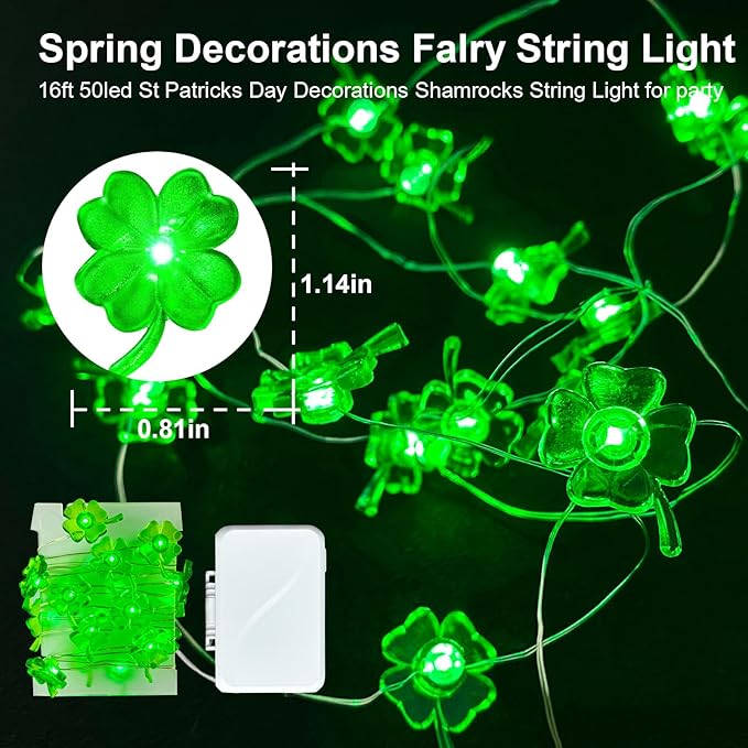 Aogist Super Bright 50LED Shamrock String Lights - 16ft St Patrick's Day 3D Clover Fairy Lights Battery Operated for Indoor/Outdoor Irish Party, Wedding, Holiday Green Decor - 1 Pack