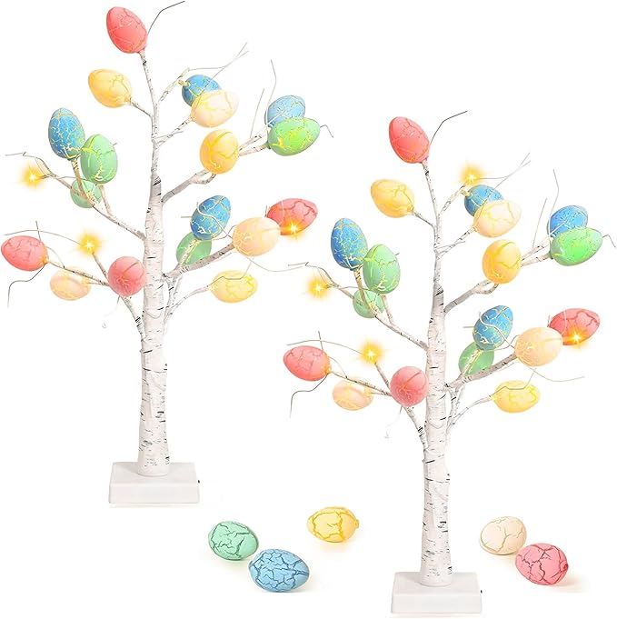 Easter Decorations 2 Pcs 24 Inch Pre-Lit White Birch Tree with 36 Eggs, 24 LED Battery Operated Tree Lights for Party, Home, Dining Table, Easter, Spring Decor