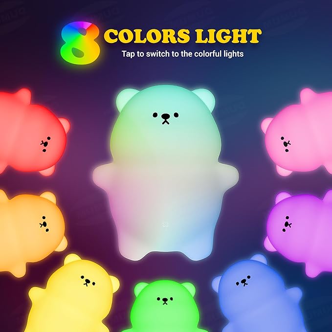 Bear Night Light for Kids, 8 Color Silicone Cute Duck Lamp, Lying Flat Duck, 3 Level Dimmable Kids Rechargeable Bedside Touch Baby Light