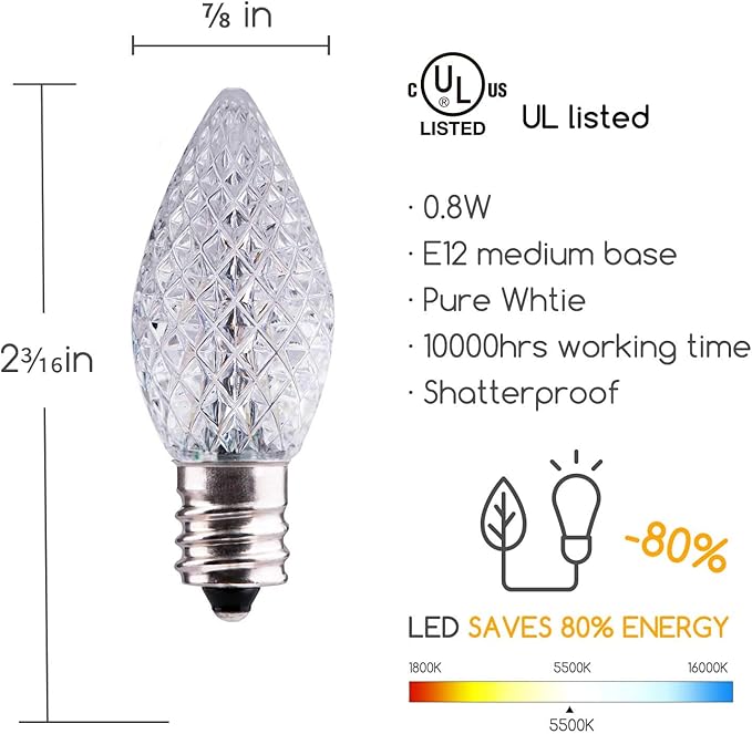 50 Pack C7 Led Replacement Christmas Light Bulb, C7 Shatterproof Led Bulbs for Christmas String Lights, E12 Candelabra Base, Commercial Grade Dimmable Holiday Bulbs, Cool White