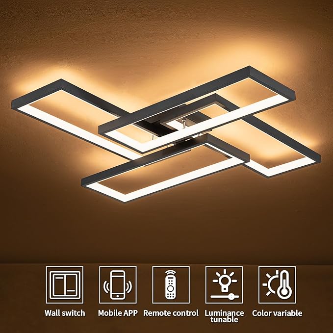 Modern LED Ceiling Lights for Bedroom 26" Dimmable Square Ceiling Lights for Living Room with Remote Control Black Bedroom Light Fixture for Kitchen,Bathroom,Balcony