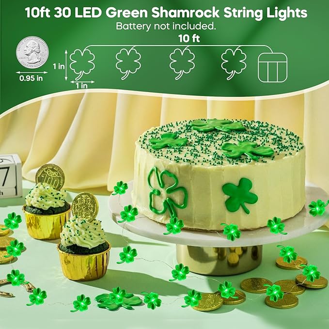 Coquimbo St Patricks Day Decorations String Lights, 10FT 30LED Green Shamrock String Lights Battery Operated Fairy Lucky Clover Lights for Indoor Bedroom Party Feast of St. Patrick's Day Decorations
