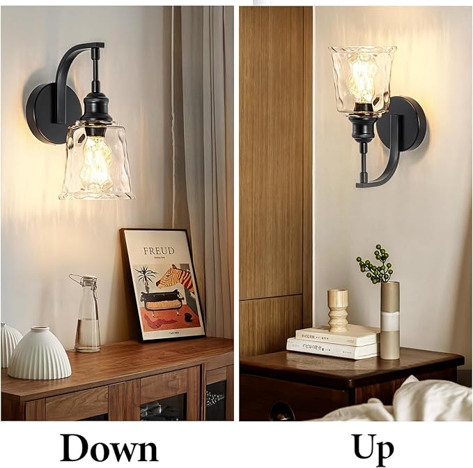 Blck Wall Sconce, Modern Matte Black Sconces Wall Lighting, Vintage Glass Light Fixtures for Bathroom Vanity Mirror Living Room Bedroom Kitchen Hallway Stairway E26 Hardwire