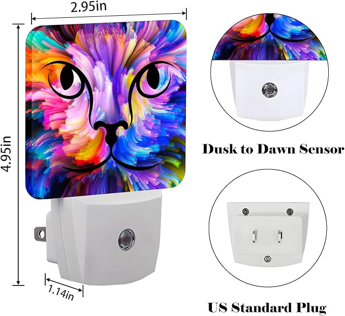 Colorful Cat Face Night Light,Plug Into Wall Decor for Stairway,Hallway,Kitchen,Dusk to Dawn Sensor Nightlights for Boys/Girls/Women/Men Room Gifts