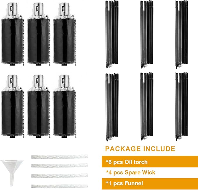 FAB BASED 55 Inch Outdoor Oil Torch Lamp–Set of 6 Rustproof Stainless Steel Citronella Torches, 11.16 oz, Includes Funnel & Fiberglass Wicks for Patio Garden Backyard (Black)