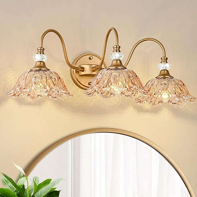 Vintage Bathroom Vanity Light, 3-Light Matte Deep Brass Finish Vanity Light with Flower-Shaped Amber Glass Shades, Retro Wall Sconce for Bathroom