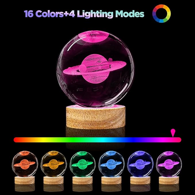 3D Saturn Crystal Ball Night Light, 3.15in K9 Saturn Sphere Glass Ball Lamp with 16 Colors Change, Wooden Base and Remote Control Planet Gifts for Kids Friends Teen