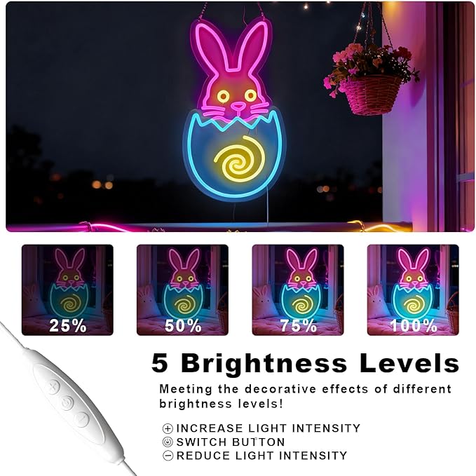 Easter Egg Neon Sign - Bunny LED Wall Decor with Multicolor Glow, USB Powered Dimmable Spring Decor for Easter Party Decorations & Gift Ideas