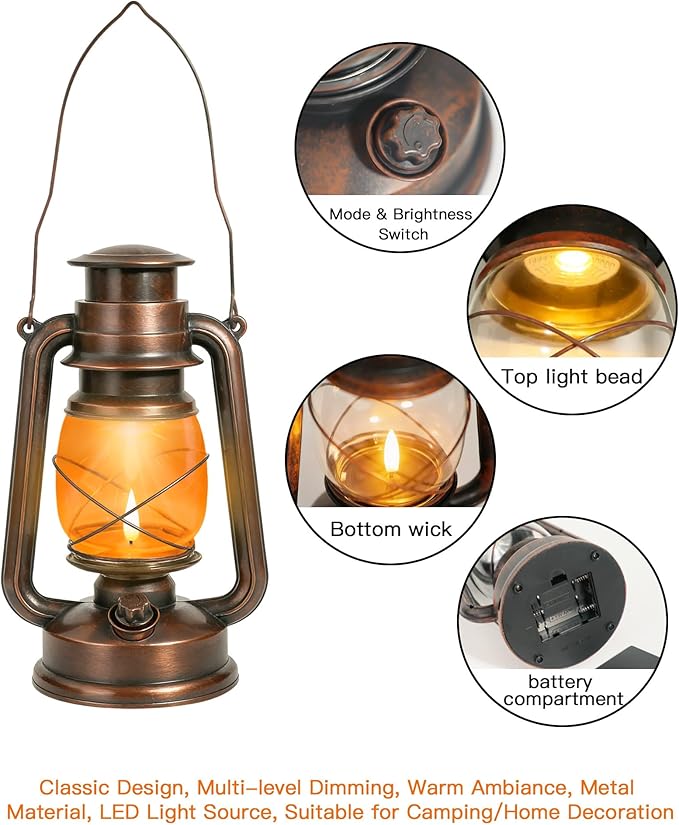 Vintage Battery Operated Lanterns 2 Pack, IP65 Waterproof Antique Outdoor Lantern with 2 Modes (Steady & Flickering) - Hanging Rustic Decor for Garden, Camping, Patio, Emergency