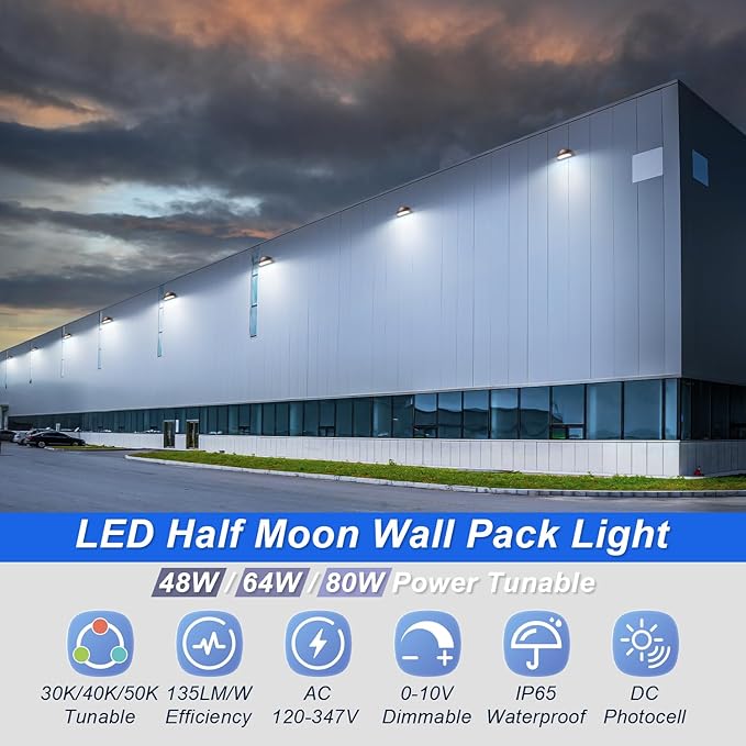 Half Moon Full Cut-Off LED Wall Pack Light with Photocell, 80W/64W/48W Power Selectable, 3CCT (3000K/4000K/5000K) Optional, IP65 Waterproof Outdoor Wall Security Light, AC120-347V, DLC UL Listed