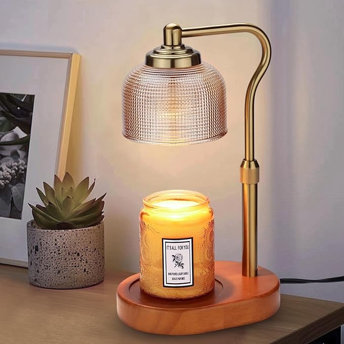 Candle Warmer Lamp Electric Candle Warmer with Timer Dimmable Candle Lamp Warmer with 3 Bulbs Height Adjustable Wax Melt Warmer for Bedroom Home Decor, Amber Gold