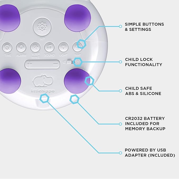 LittleHippo Mella: Kids Alarm Clock, Ready to Rise Children's Sleep Trainer, Night Light, Sound Machine and OK to Wake for Toddlers and Kids - Bright Purple (Updated 2025)