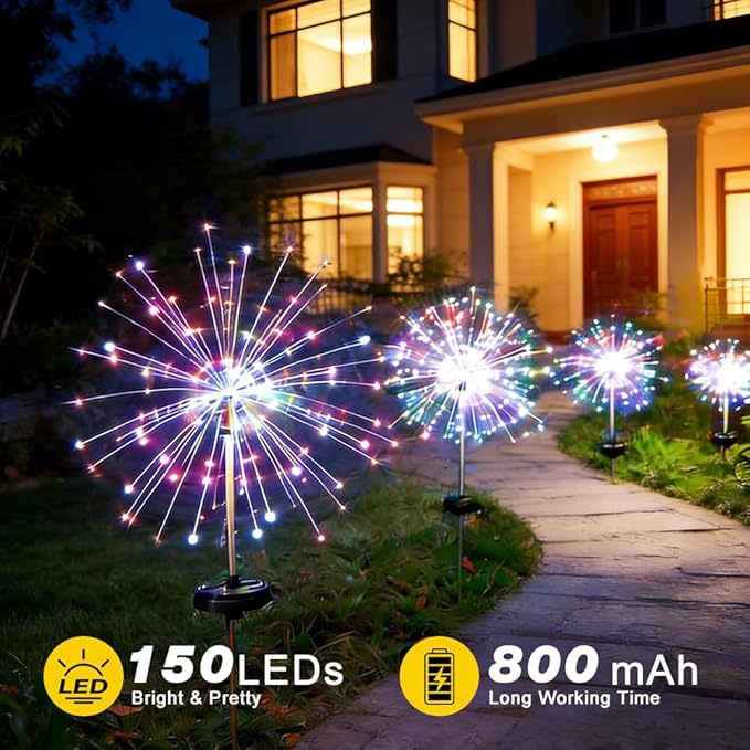 Solar Fireworks Lights for Outside, 150LED 8 Modes Fireworks Solar Lights Outdoor, Fairy Garden Flowers for Yard Pathway Wedding Party Christmas Diwali Garden Decor 6Pack (Multicolor)