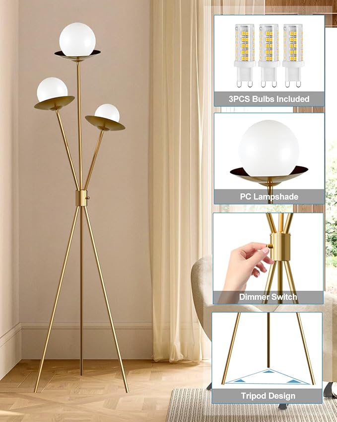 Lightdot Tripod Floor Lamp Dimmable Globe Floor Lamps with 3 LED Bulbs Included, 3000K Soft Warmwhite Mid Century Modern Standing Lamps Gold Tall Lamp for Living Room/Bedroom/Sofa Beside/Corner Decor