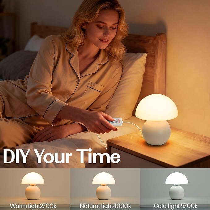 Cute Small Mushroom Lamp Decor,USB-Plug in Bedside Table Lamps with 3-Temperature LED Bulb Dimmable,Modern Aesthetic Home Decor for Livingroom/Bedroom/Dorm/Nursery (White with Plug)