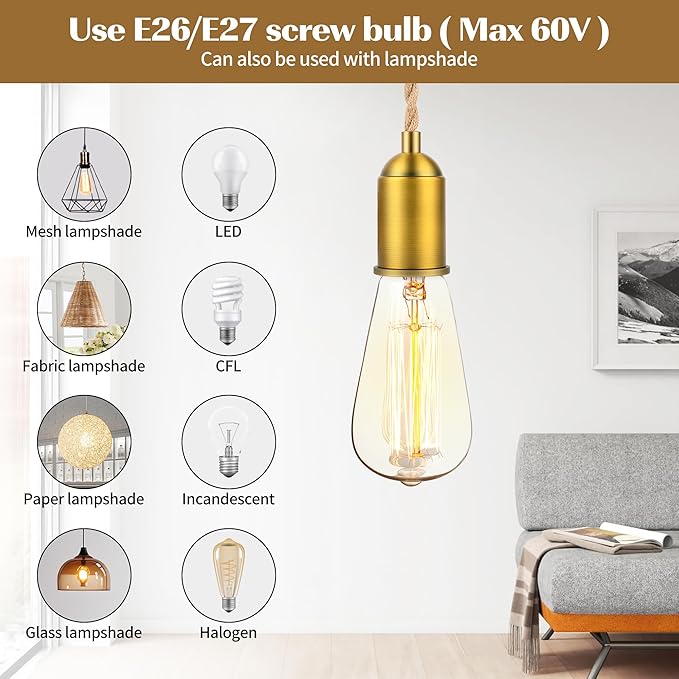 Plug in Pendant Light Cord with Switch, 15 FT Hemp Color Vintage Double Braided Woven Rope, Hanging Lights with Plug-in, E26 Socket, DIY Swag Lamp Kit for Lantern, Pendant & Hanging Fixtures, 2-Set
