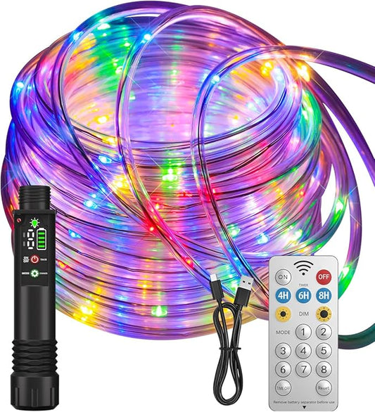 Rechargeable Rope Lights, Outdoor Waterproof String Lights with 1200mah Portable Rechargeable Battery, Timing & 8 Modes for Party Christmas Camping DIY Tree Trampoline (Multi-Colored, 39FT)