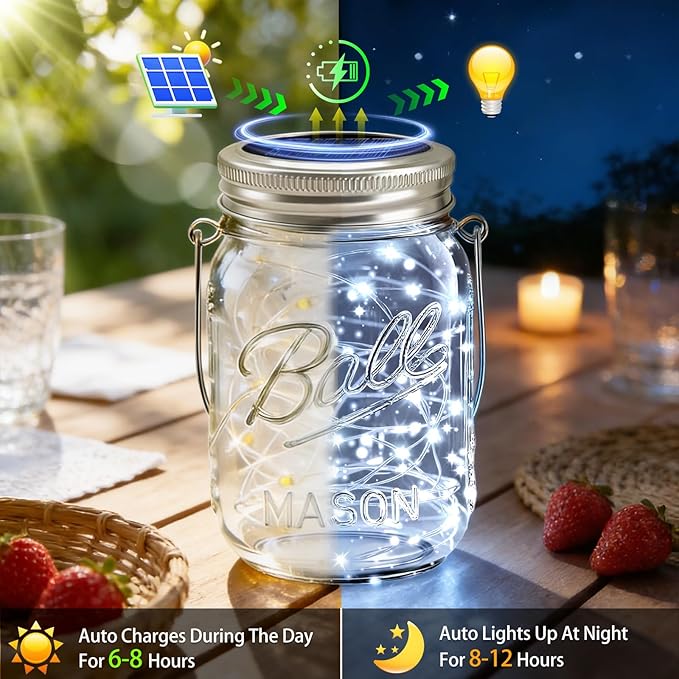 VOOKRY 12 Pack Solar Mason Jar Lights, 30 LED Mason Jar Lids Waterproof Firefly Fairy String Lights with 12 Hangers(No Jars), for Outdoor Patio Garden Yard Lawn Party Wedding Decoration - Cool White