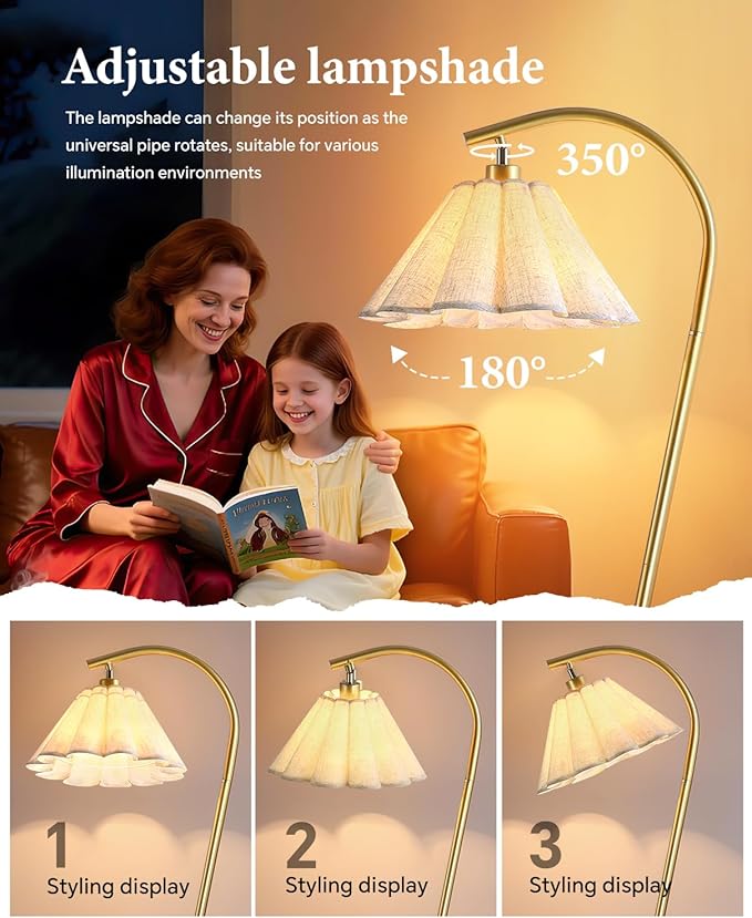 Floor Lamp with Pleated Linen Lampshade, Modern Flower Floor Lamp for Living Room Arc Standing Lamp, Gold Tall Lamp for Bedroom Office Dining Room, Bulb Included (Gold + Flax Color, 66.1IN)