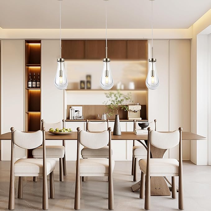 Brushed Nickel Pendant Light Fixtures, Teardrops Pendant Lights,Glass Pendant Lights Kitchen Island,1-Light Raindrop Pendant Lighting, for Kitchen Island,Dining Room,Bedroom, Bathroom