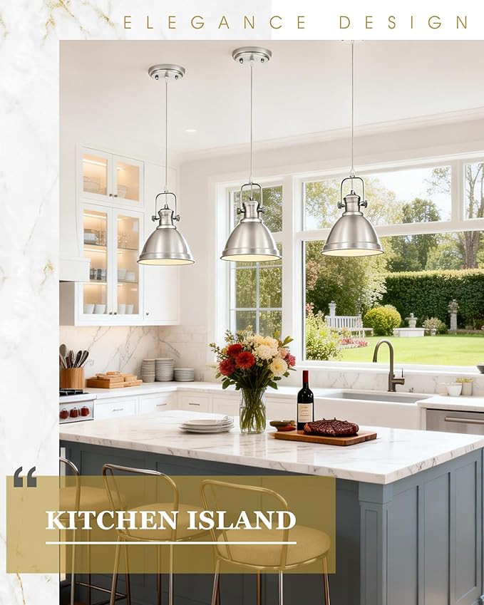 Pendant Lights Kitchen Island, 8" Farmhouse Hanging Lights Fixtures with Metal Shade, Rustic Kitchen Pendant Lighting Over Island for Dining Room, Brushed Nickel, AD-2151-1PM-SN