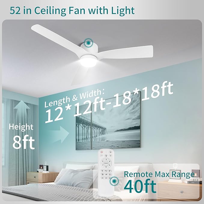 Ceiling Fans with Light,52inches Low Profile Ceiling Fan with Remote Control,Dimmable Light,3 Blade,Noiseless,Mordern White Ceiling Fan for Bedroom,living Room,Apartment