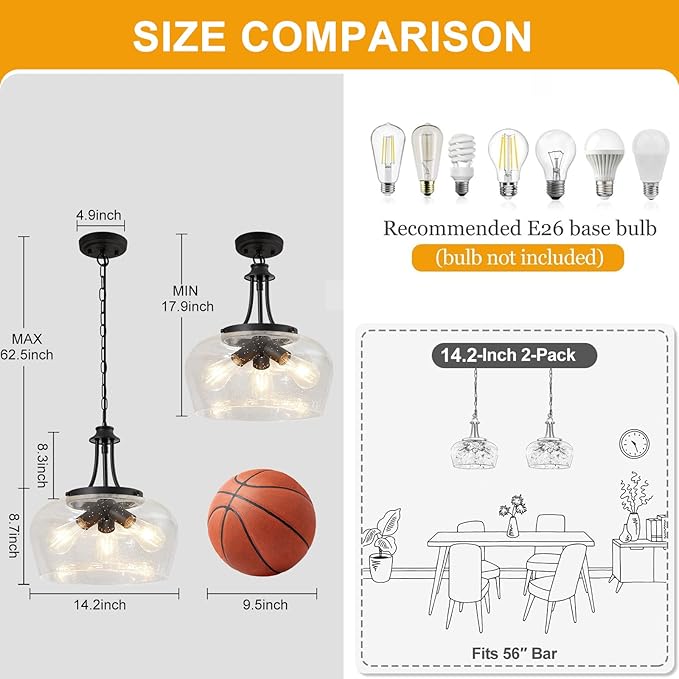 Modern Pendant Lights Kitchen Island, 3-Light Black Pendant Light Fixtures with 14.2" Clear Air Bubble Glass Shade, Industrial Hanging Pendant Lights Fixture for Kitchen Island, Dining Room, Entryway