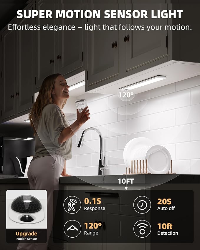 EZVALO Under Cabinet Lights, LED Closet Lights Wireless USB Charging, Motion Sensor Lighting Indoor 5700K dimmable with Remote Control (White) 3 Pack