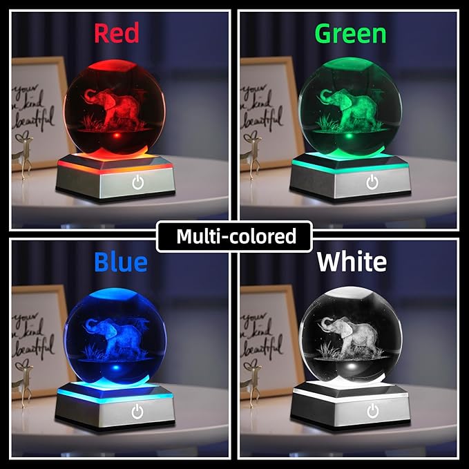 3D Elephant Crystal Ball Night Light 3.15 inch Glass Ball Table Lamp with Color Changing Touch Base Decor Ideal Elephant Gifts for Women Men Kids Christmas Birthday