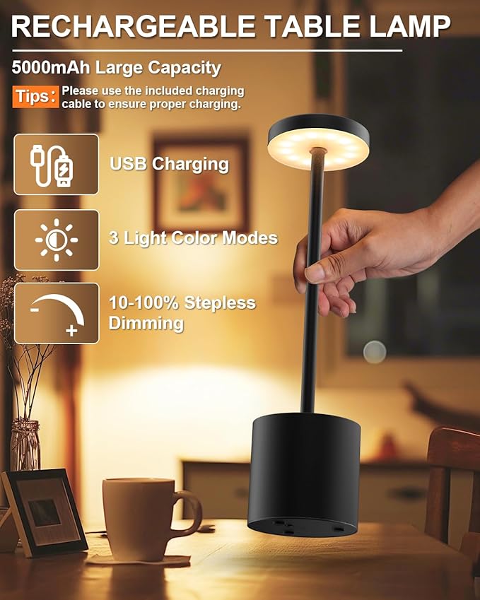 Cordless Table Lamps Rechargeable, Portable LED Desk Lamp, 5000mAh Battery Powered Wireless Table Light - 3 Color Dimmable Lighting for Restaurant Dining Patio Outdoor Bedroom(Black)
