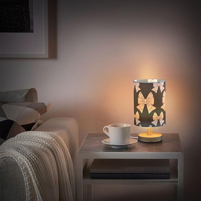 Elegant White Bow Ribbon Pattern on Black Print Table Lamp with Wood Base Fabric Lamp Shade Bedside Nightstand Desk Lamp for Living Room Bedroom Kids Room Office