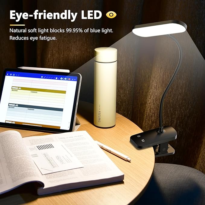 Clip on Desk Lamp, Battery Powered Reading Light with Strong Clamp - 5 Colors 5 Brightness, USB Rechargeable Portable Cordless Book Lamp for Bed Headboard Table Bedside Home Office (Black)