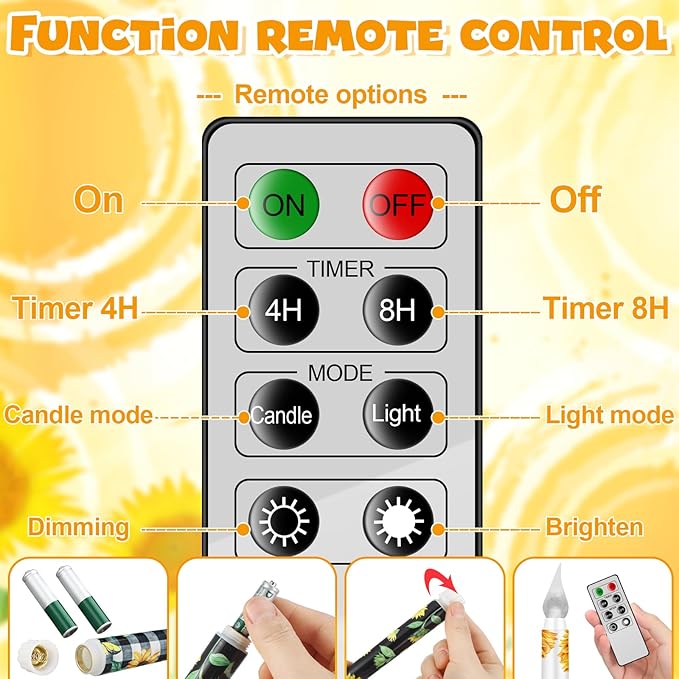 5 Pcs Sunflower Flameless Taper Candle Set Sunflower Gift for Women Floral LED Flameless Candles with Battery Operated Remote Seasonal Celebration Candles for Home Decor Holiday Spring Summer