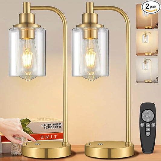 2 Pack Cordless Table Lamp Rechargeable Gold, 8000mAh Battery Operated Table Lamps with Remote Control, Touch Dimmable Bedside Lamps with Glass Shade, Portable Wireless Lamp for Bedroom, Living Room