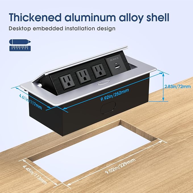 KYHSHJ Connection Box Desktop Pop Up Outlet with 3 * 15A Receptacle，2.1A 1 USB-A Ports &1 USB-C Port，Corrosive Resistant Hardware,Silver