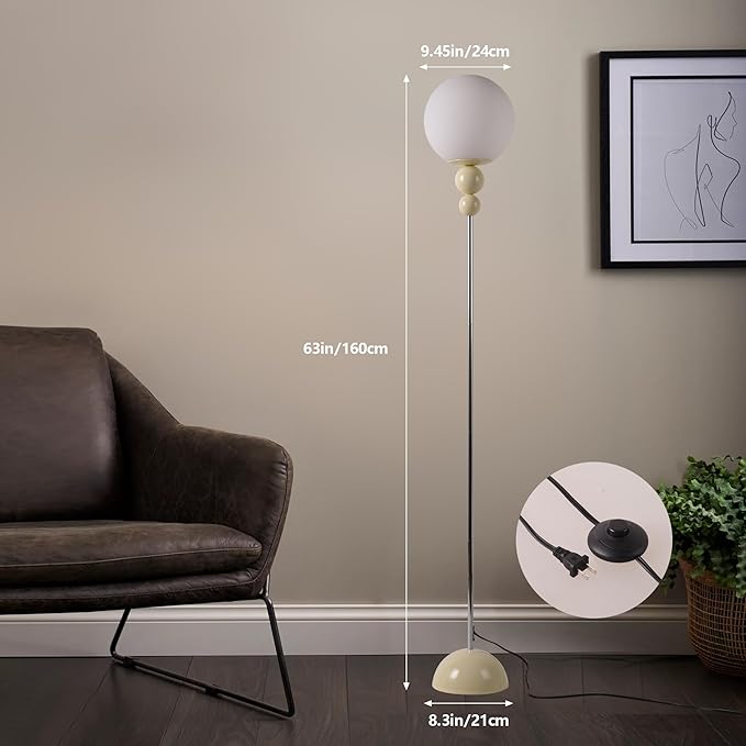 Modern Floor Lamps for Living Room, Globe Glass Shade Floor lamp for Bedroom, Standing lamp for Office, Corner(White)