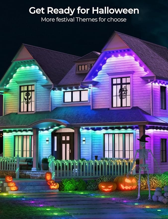 Smart Permanent Outdoor Lights Pro, 100ft 60LED RGB+IC+Warm/Cool White for Daily, 100+ Scene Modes, Waterproof Eaves Light for Halloween Christmas Decor, Works with Alexa, Google Assistant