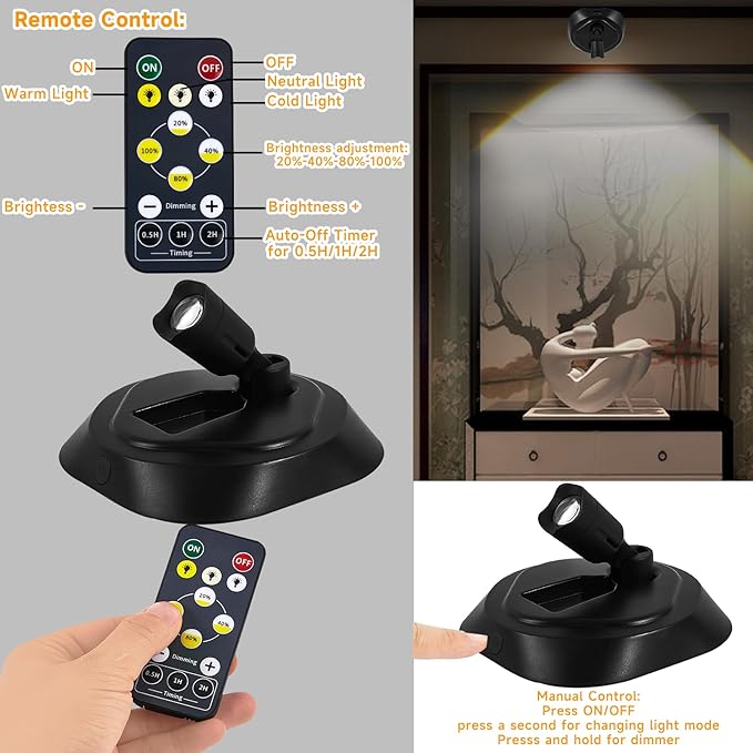 Wireless LED Spotlight Indoor with Remote Up Lights Indoor, Battery Powered Picture Lights, Rechargeable Spot Lights with 3CTT, Dimmable Timer Art Lights Accent Uplighting for Plant Wall, 2 Pack