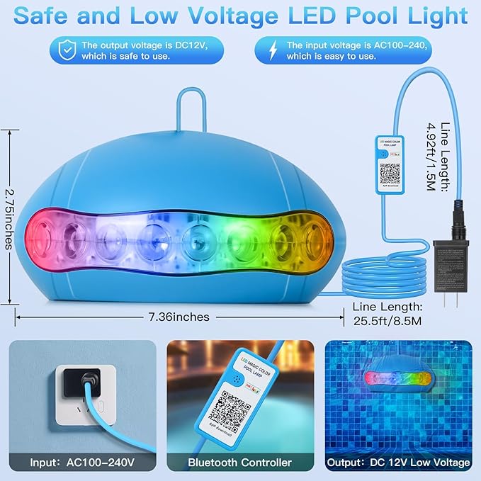 Pool Lights, 18W Underwater Submersible Light, Above Ground Pool Lights with APP Control, RGB Dimmable, Music Sync, IP68 Waterproof, 12V Pool Light for Aboveground Inground Pools
